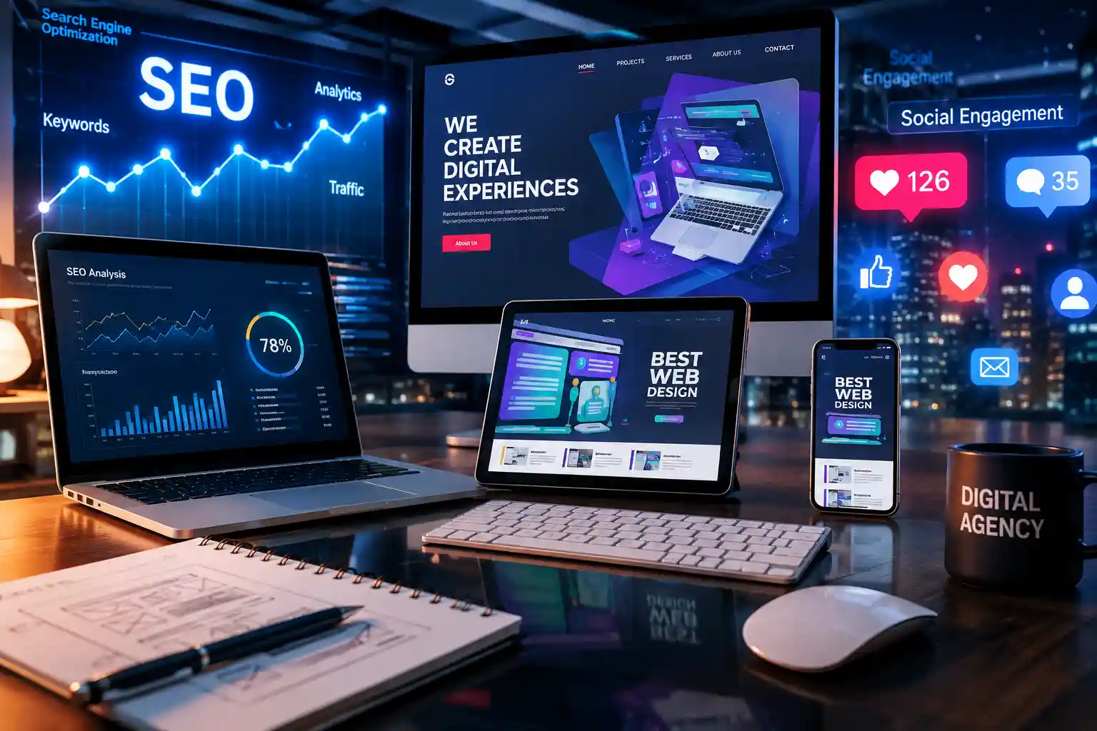 AZeeHub digital marketing ecosystem graphic showing website development, SEO, AI automation, and social media working together for UAE business growth