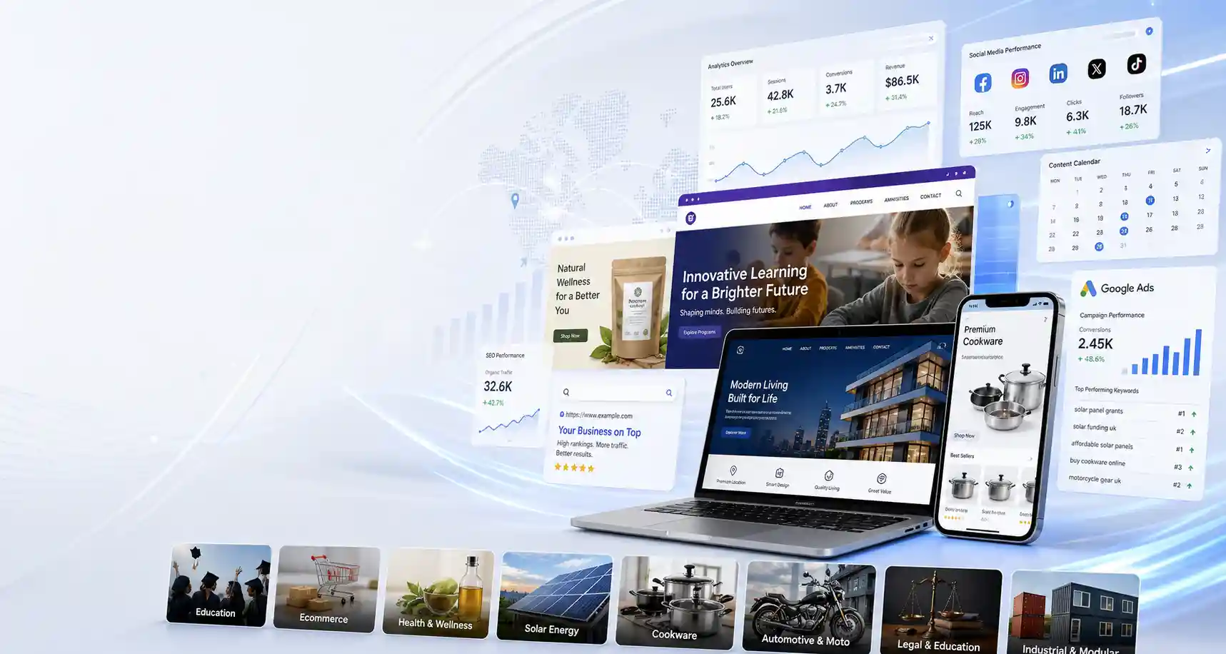 AZeeHub portfolio showcase of website development, SEO, AI automation, social media, and web hosting projects